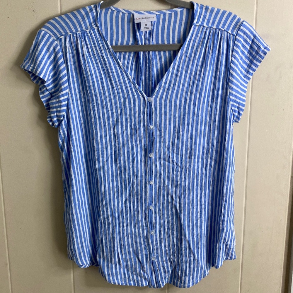 Liz Claiborne Blue and White Striped Blouse - Picture 1 of 8